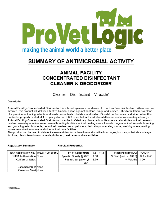 ProVetLogic Animal Facility Disinfectant Efficacy Test Data